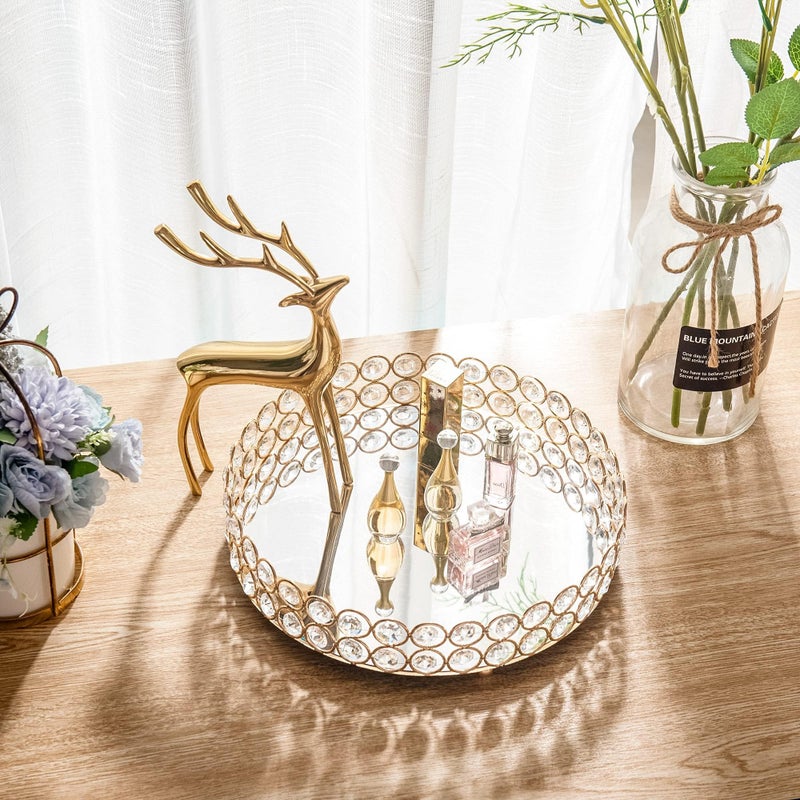 Feyarl Crystal Perfume Tray Makeup Cosmetic Vanity Organizer Jewelry Trinket Display Storage Mirrored Decorative Tray Skin Care Tray for Dresser Home Deco Birthday Gift(Round 10" inch) (Gold) - Image 4